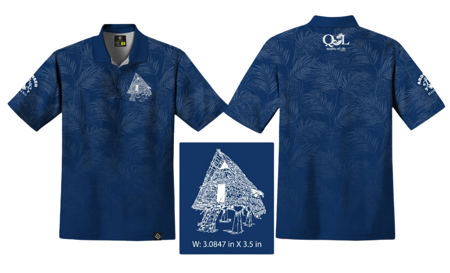ANDERSEN FAMILY HOUSING Sublimated Men's Polo (Blue w/ Palm Leaves)