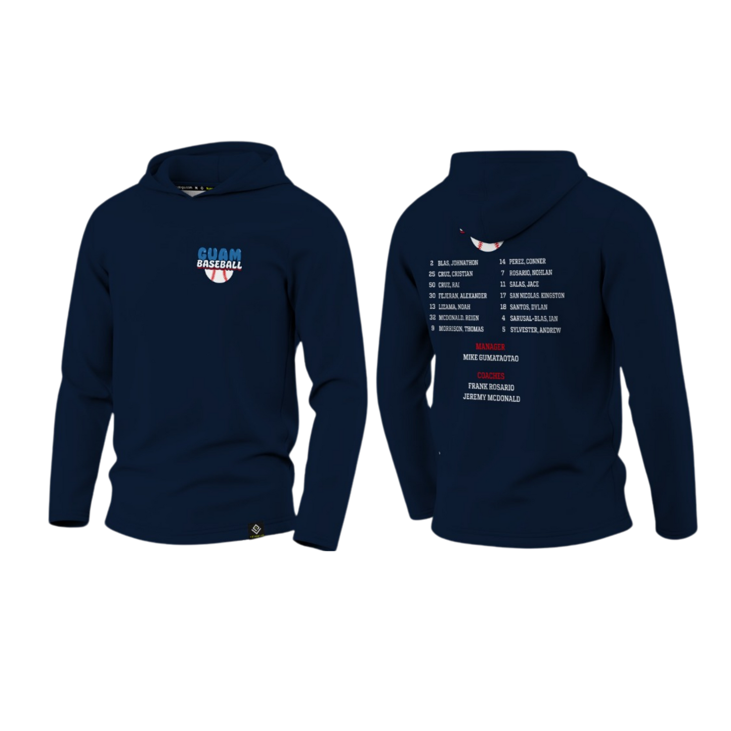 GUAM LITTLE LEAGUE Sublimated Men's Long Sleeve with Hood (Rosters - Navy Blue)
