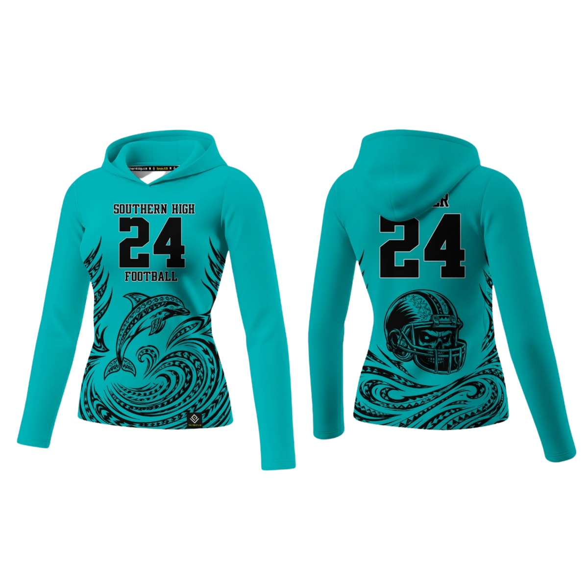 SOUTHERN HIGH FOOTBALL Sublimated Women's Long Sleeve with Hood (Teal)