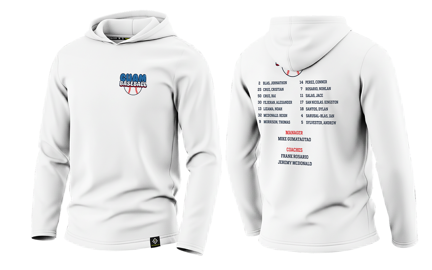 GUAM LITTLE LEAGUE Sublimated Men's Long Sleeve w/ Hood (Rosters - White)