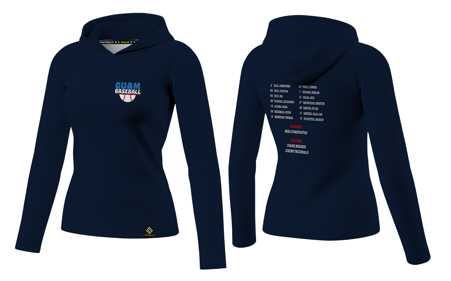 GUAM LITTLE LEAGUE Sublimated Women's Long Sleeve w/ Hood (Rosters - Navy Blue)