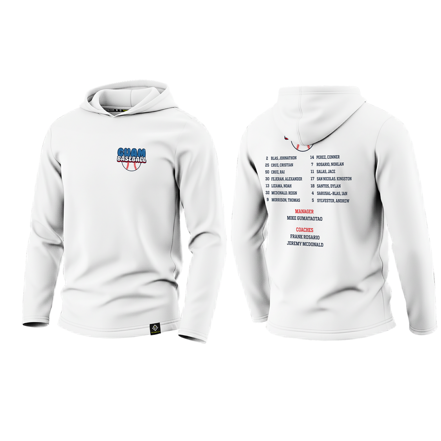 GUAM LITTLE LEAGUE Sublimated Men's Long Sleeve w/ Hood (Rosters - White)