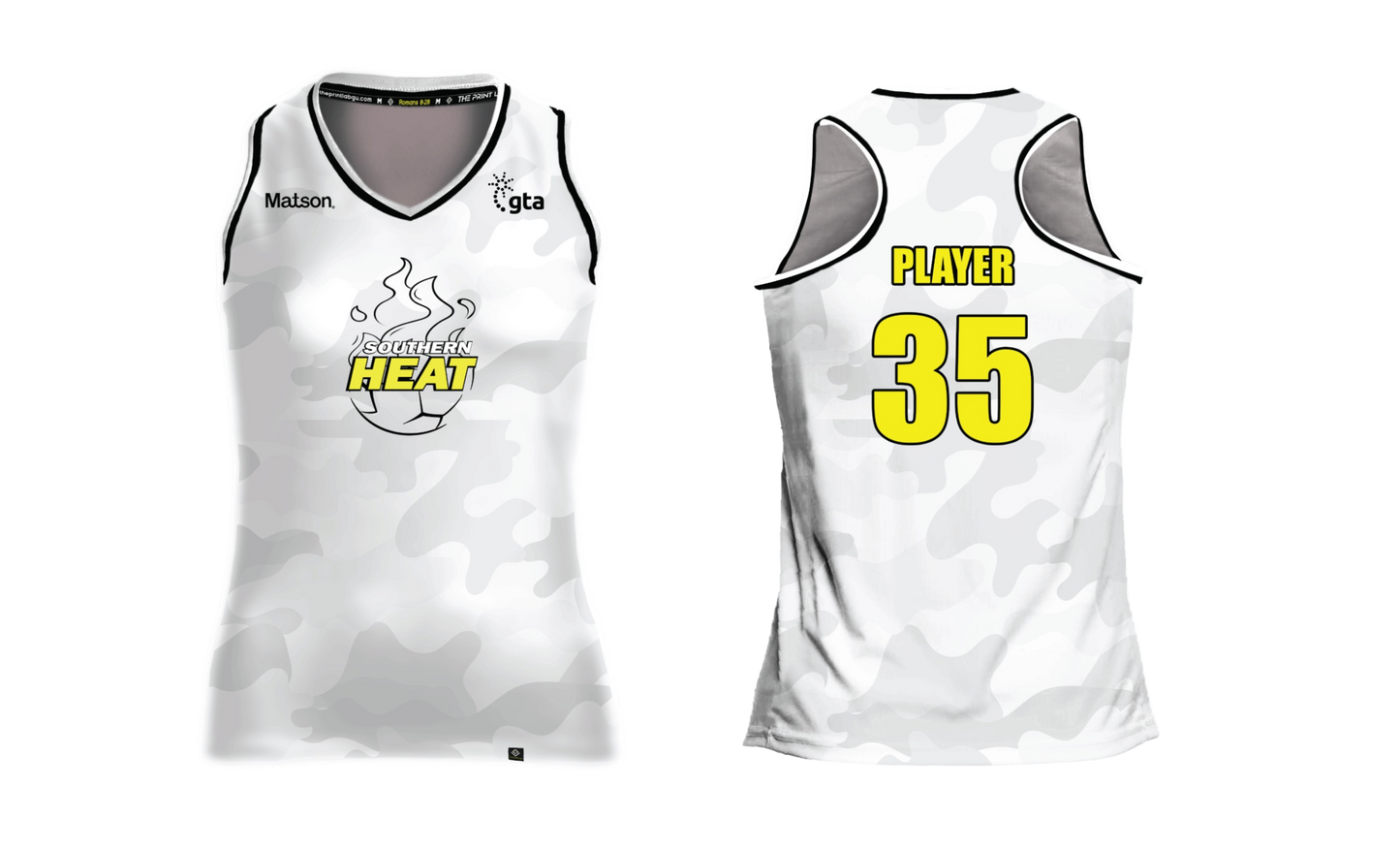 SOUTHERN HEAT SOCCER Sublimated Women's Racer Back (White-Yellow)