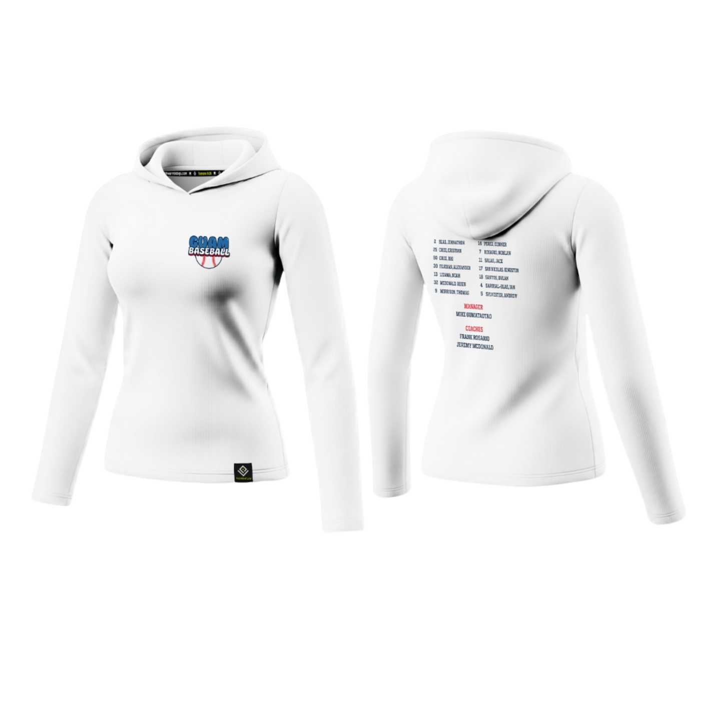 GUAM LITTLE LEAGUE Sublimated Women's Long Sleeve with Hood (Rosters - White)