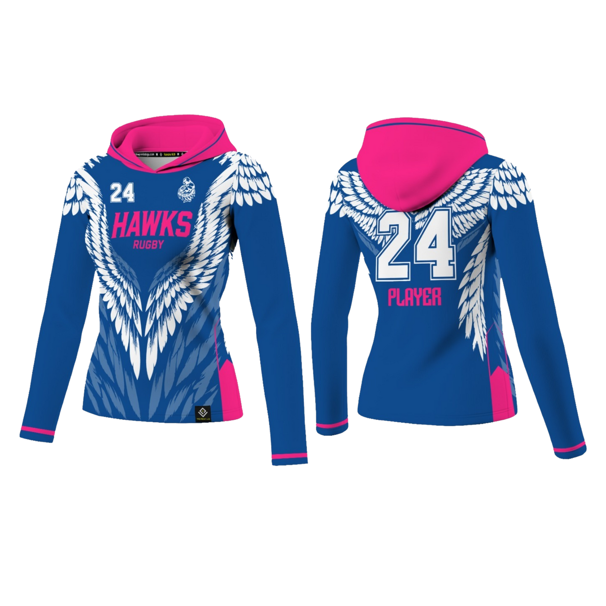 HAWKS RUGBY Sublimated Women's Long Sleeve with Hood (Blue & Pink)