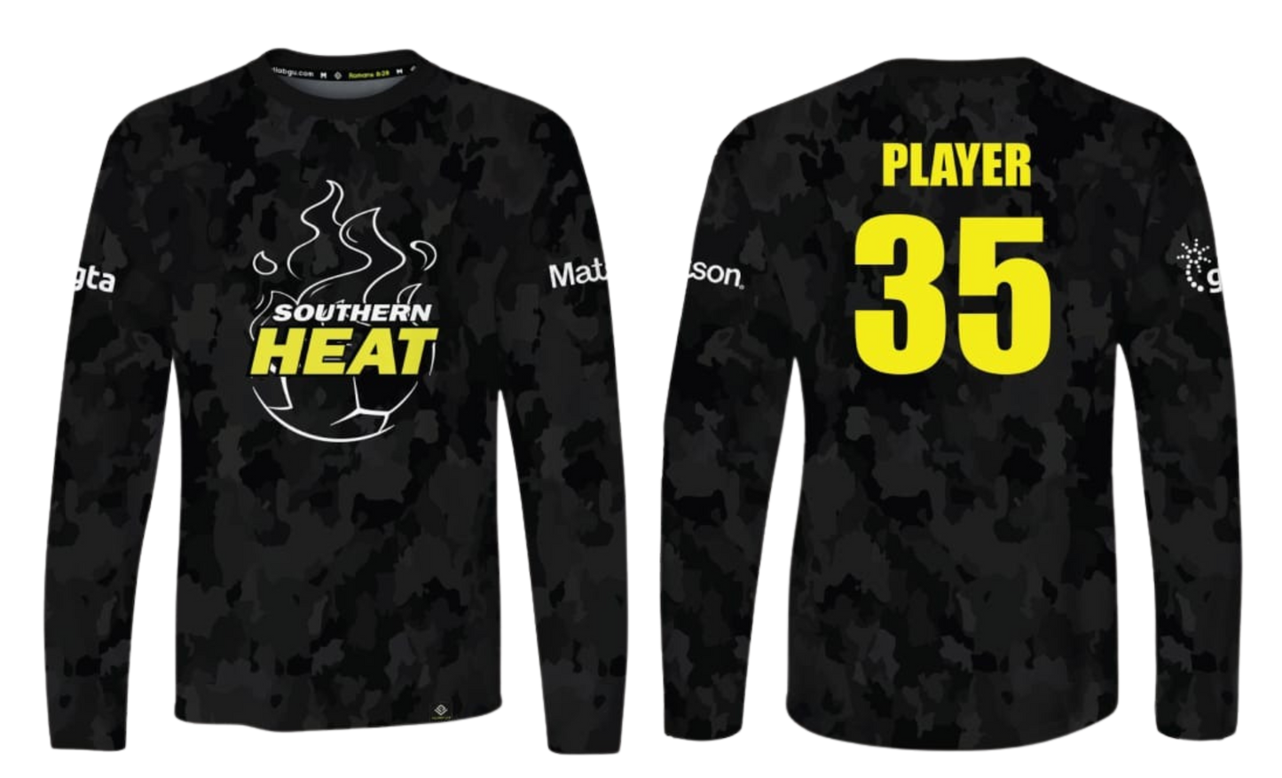 SOUTHERN HEAT SOCCER Sublimated Men's Long Sleeve (Black Camo - Yellow)