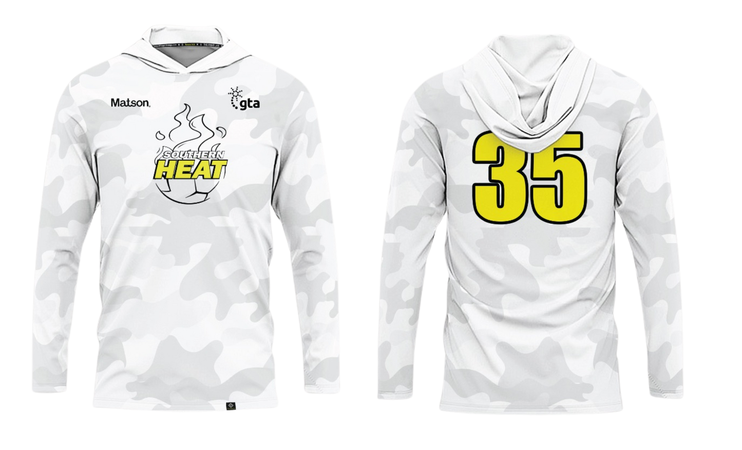 SOUTHERN HEAT SOCCER Sublimated Men's Long Sleeve with Hood (White-Yellow)