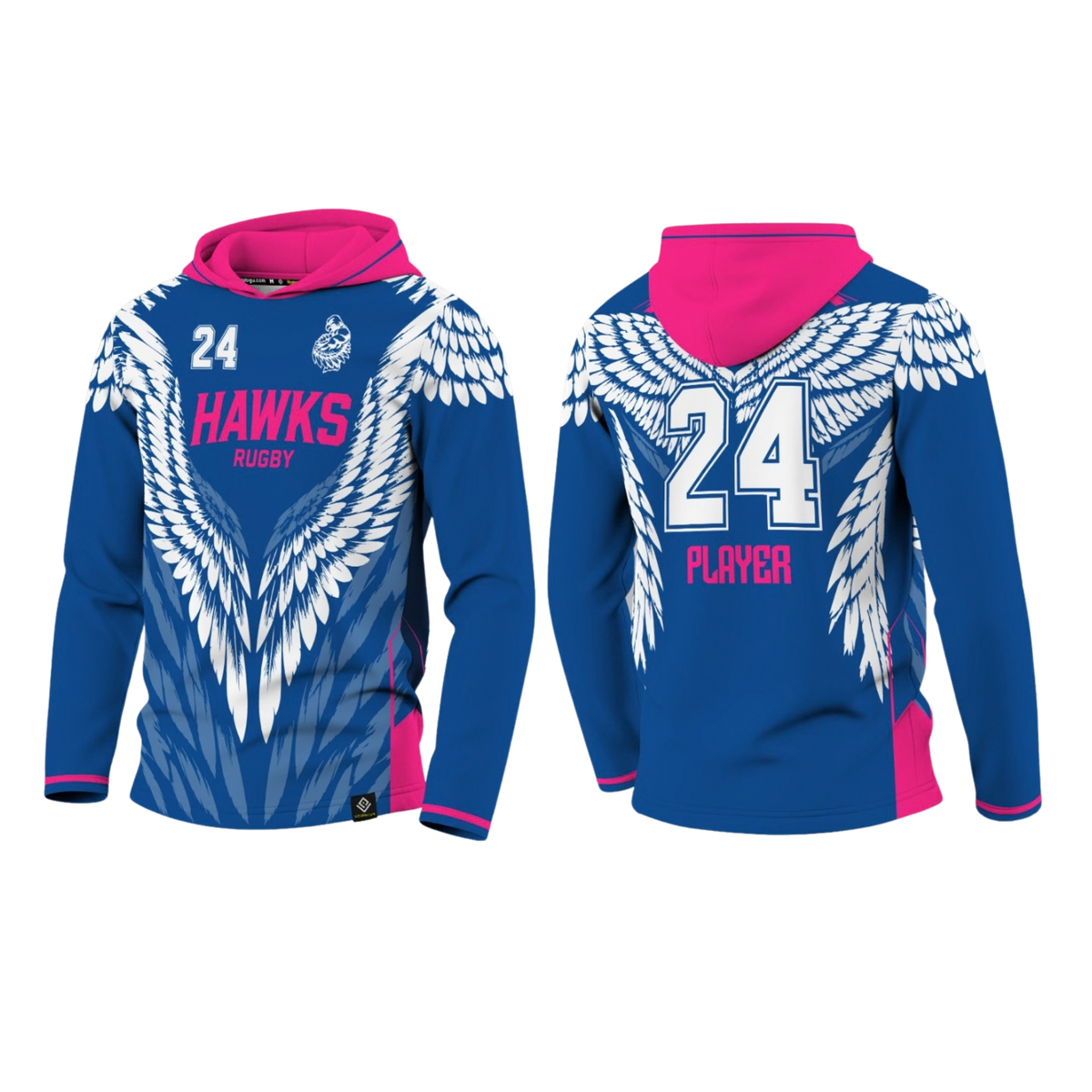 HAWKS RUGBY Sublimated Men's Long Sleeve with Hood (Blue & Pink)
