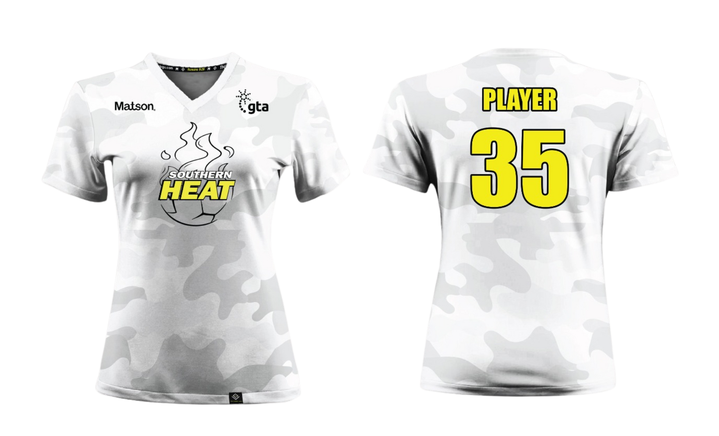 SOUTHERN HEAT SOCCER Sublimated Women's V-neck T-shirt (White-Yellow)