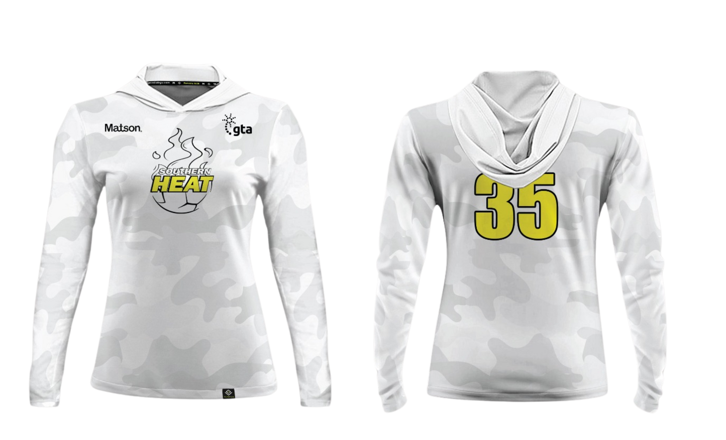 SOUTHERN HEAT SOCCER Sublimated Women's Long Sleeve with Hood (White-Yellow)