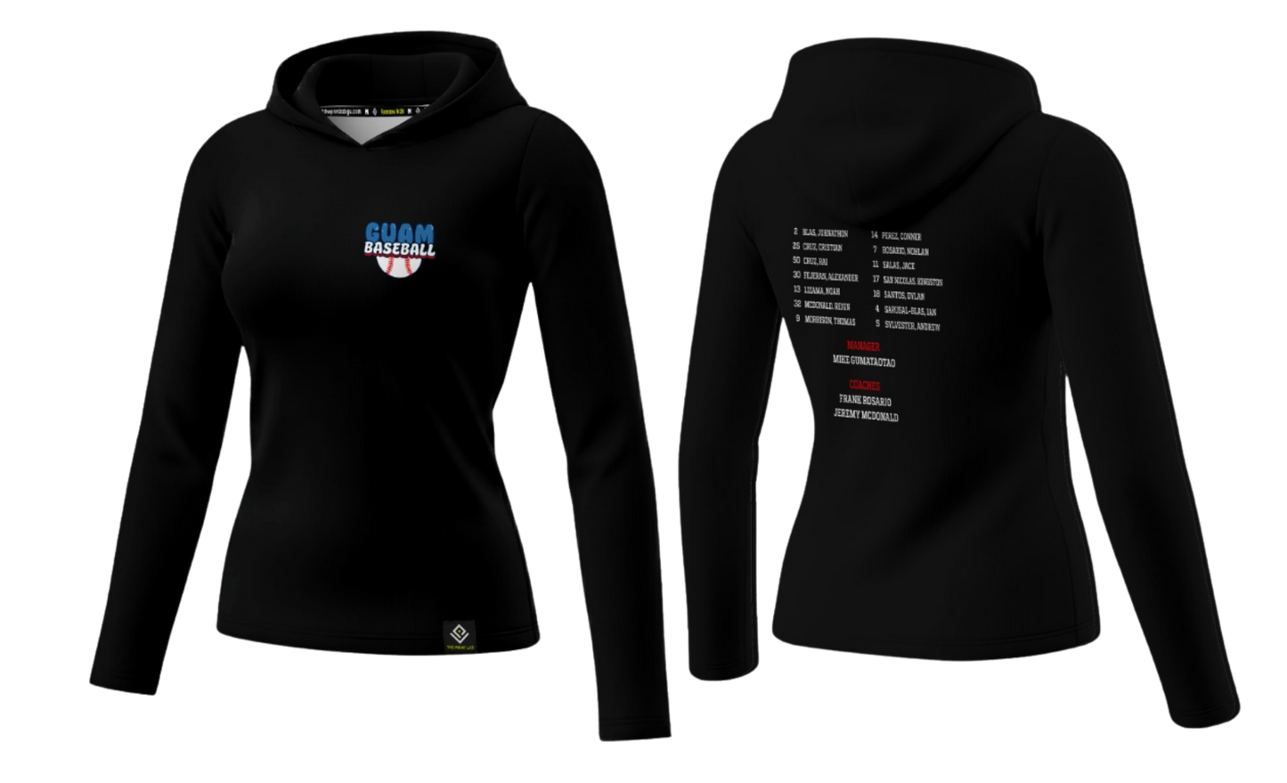 GUAM LITTLE LEAGUE Sublimated Women's Long Sleeve with Hood (Rosters - Black)