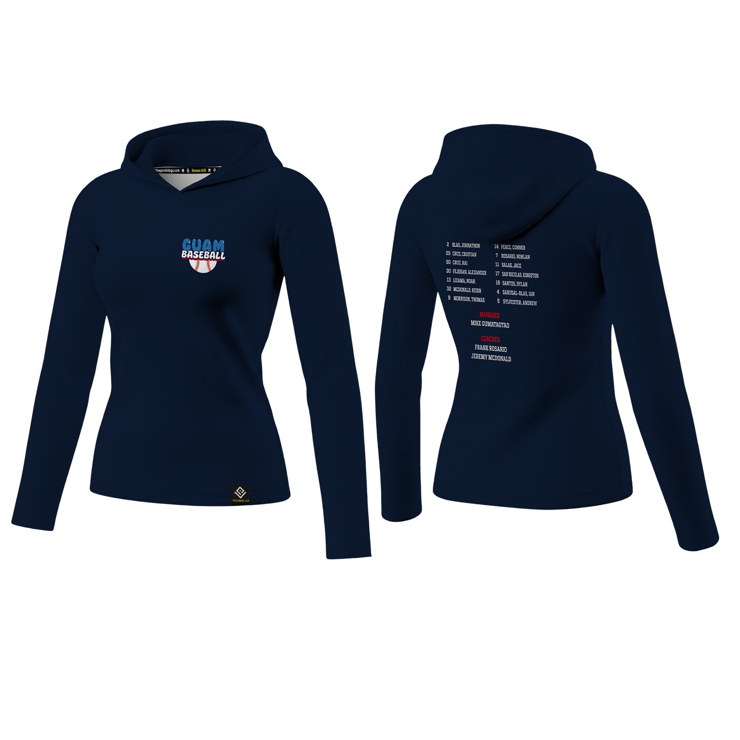 GUAM LITTLE LEAGUE Sublimated Women's Long Sleeve w/ Hood (Rosters - Navy Blue)