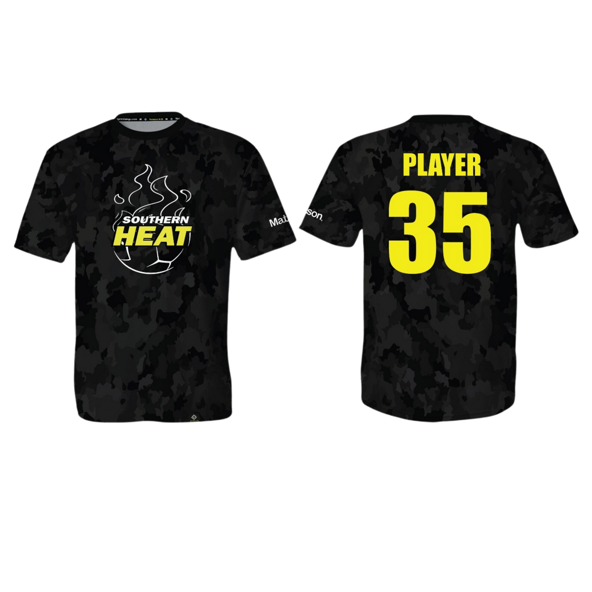 SOUTHERN HEAT SOCCER Sublimated Men's T-shirt (Black Camo - Yellow)