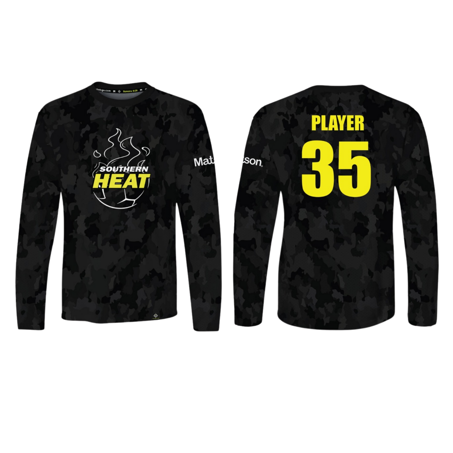 SOUTHERN HEAT SOCCER Sublimated Men's Long Sleeve (Black Camo - Yellow)