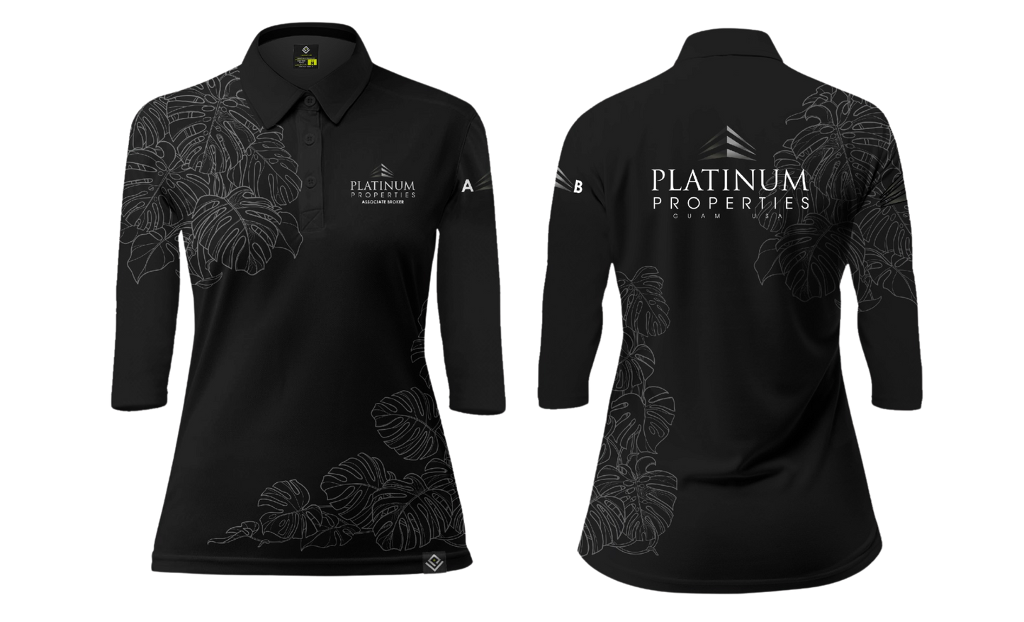 PLATINUM PROPERTIES Sublimated Women's 3/4 Polo Shirt - AB (Monstera Leaves Design)